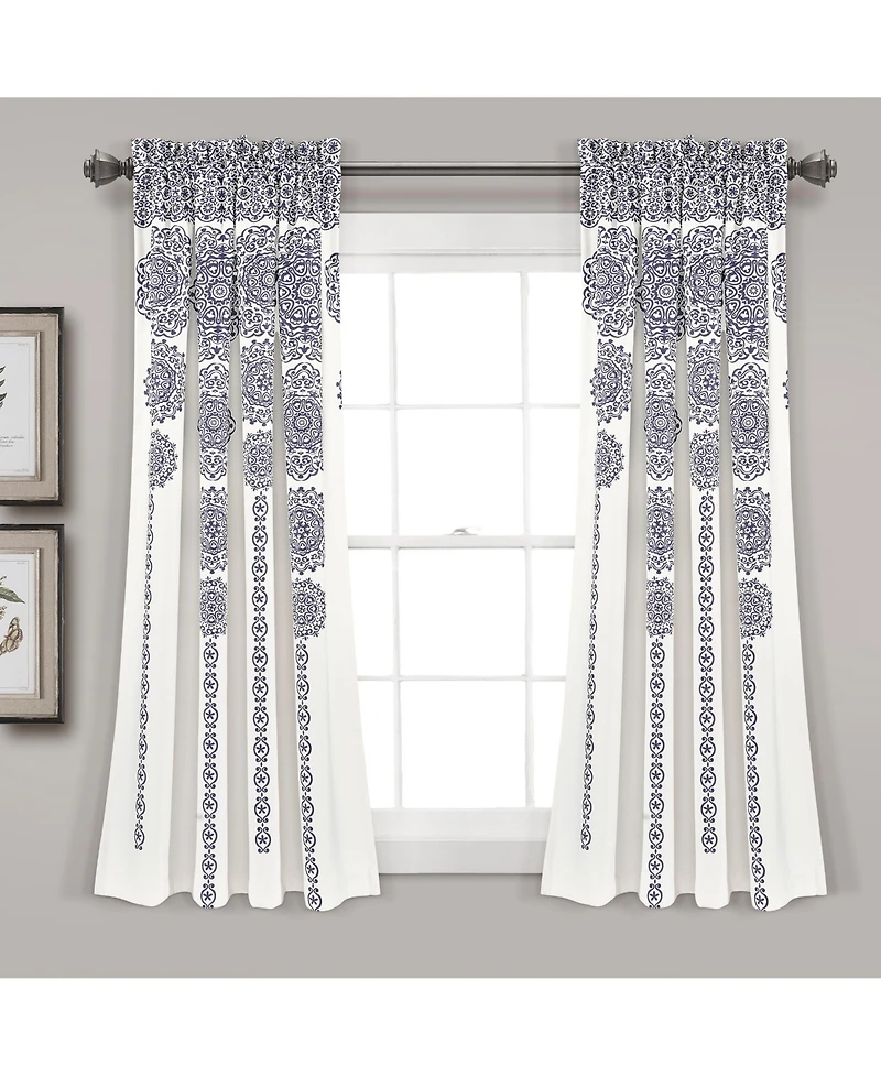 Lush Decor Stripe Medallion Light Filtering Window Curtain Panels Pair 52"W x 63"L Navy - Boho Curtains for Bedroom