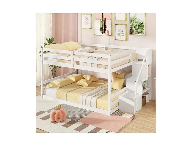 Slickblue Low Full Bunk Bed with Solid Wood and Storage Steps