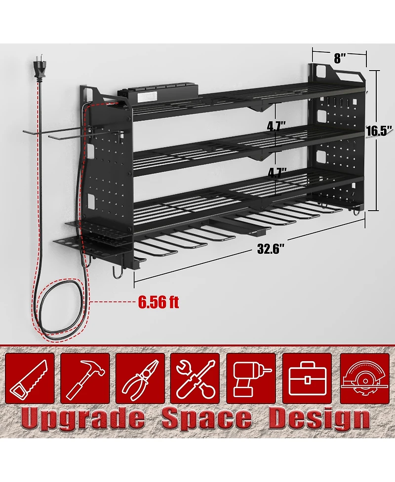 Hausource 32" Wall Mount Tool Organizer 4 Layers Garage Storage Racks with 8 Drill Holders, Power Adapter for Home Organization