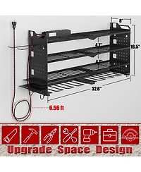 Hausource 32" Wall Mount Tool Organizer 4 Layers Garage Storage Racks with 8 Drill Holders, Power Adapter for Home Organization