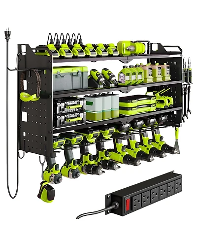 Hausource 32" Wall Mount Tool Organizer 4 Layers Garage Storage Racks with 8 Drill Holders, Power Adapter for Home Organization