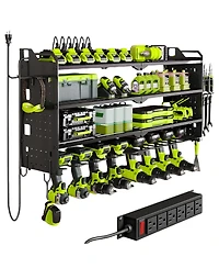 Hausource 32" Wall Mount Tool Organizer 4 Layers Garage Storage Racks with 8 Drill Holders, Power Adapter for Home Organization