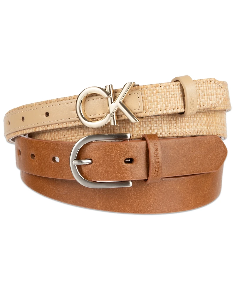 Calvin Klein Women's Two Pack Belt Set - Skinny Monogram Buckle and Harness