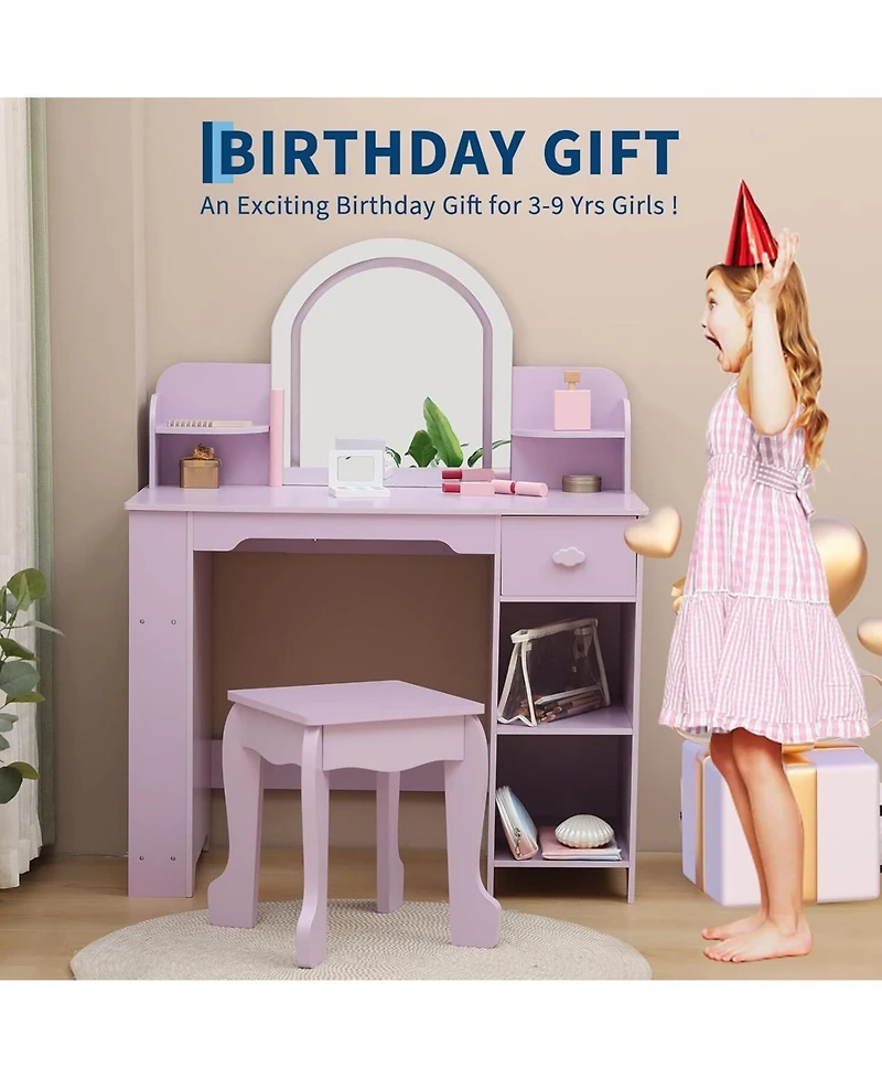 Gaomon 2-in-1 Kids Vanity Set with Lighted Mirror, Table, Stool & Storage Bookshelf