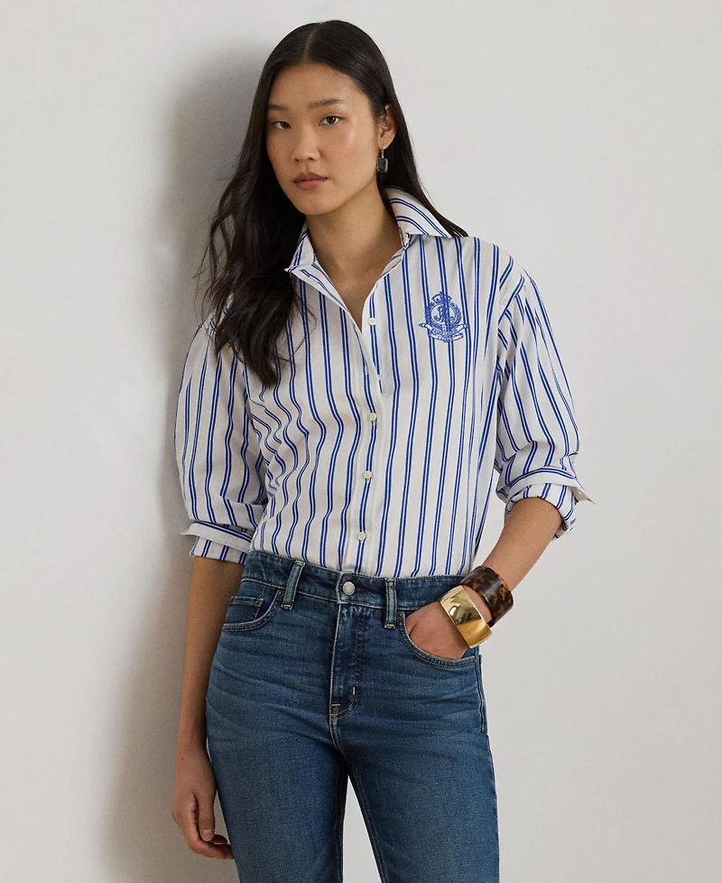 Lauren Ralph Women's Relaxed Fit Striped Collared Shirt