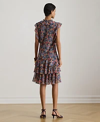 Lauren Ralph Women's Floral Ruffle Trim Split Neck Dress