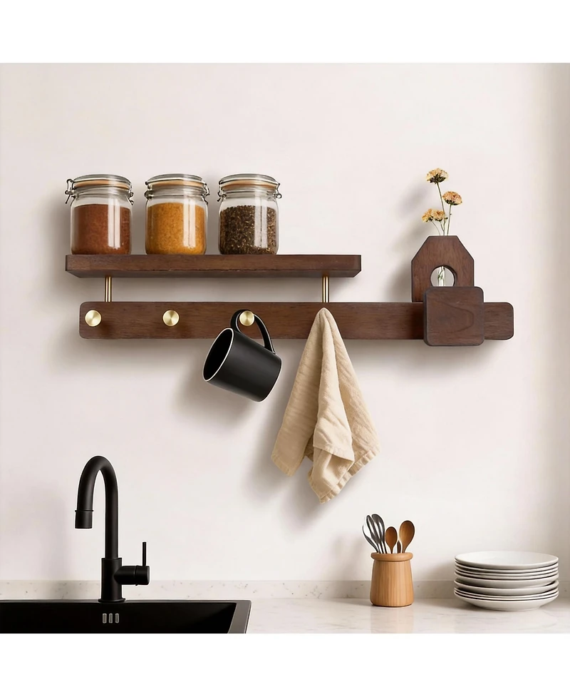 Yigii Solid Wood Coat Rack with 4 Copper Hooks, Shelf & Flower Holder