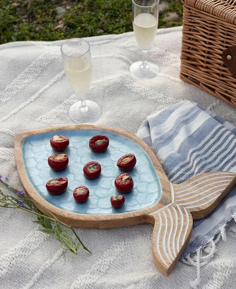 Uncommon Goods Seaside Fish-Shaped Acacia Wood & Enamel Serving Platter
