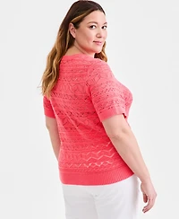 Style & Co Plus Short-Sleeve Cotton Pointelle Sweater, Macy's Exclusive