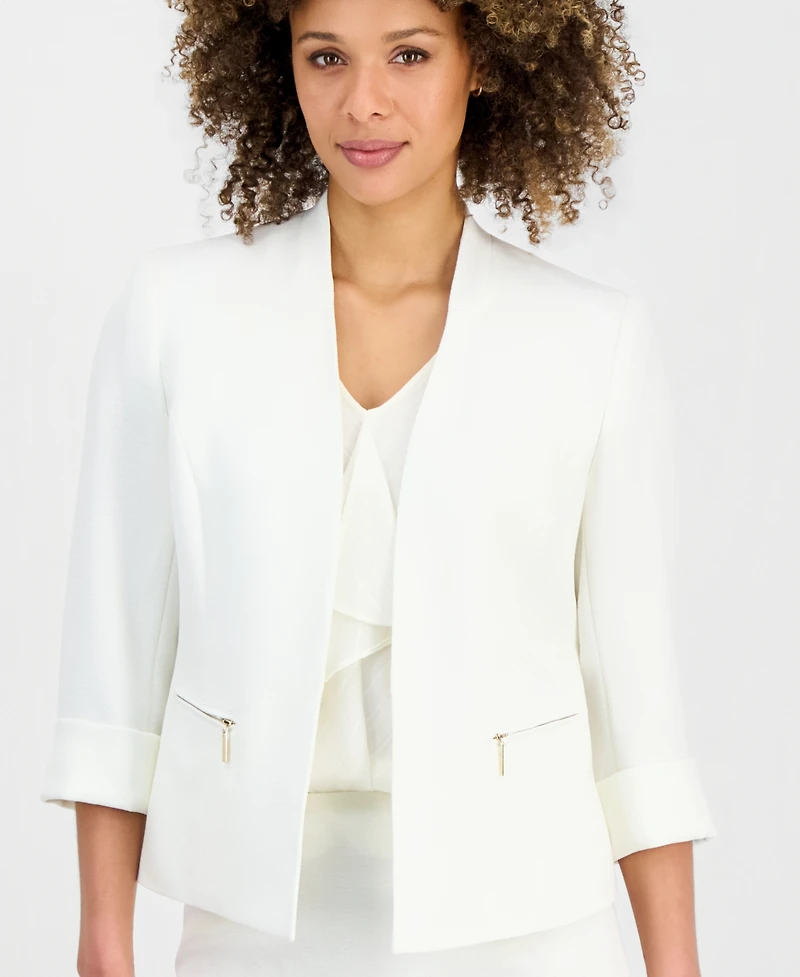 Kasper Women's Collarless 3/4-Sleeve Zip-Pocket Jacket