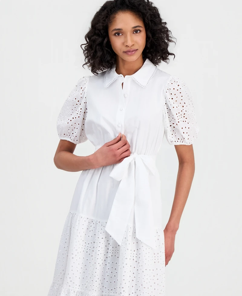Anne Klein Women's Puff-Sleeve Midi Eyelet Shirtdress