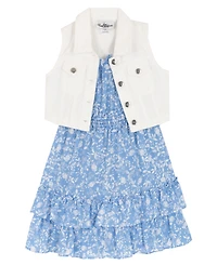 Rare Editions Girls' 4T-6X Printed Tiered Dress and Vest, 2-Piece Set