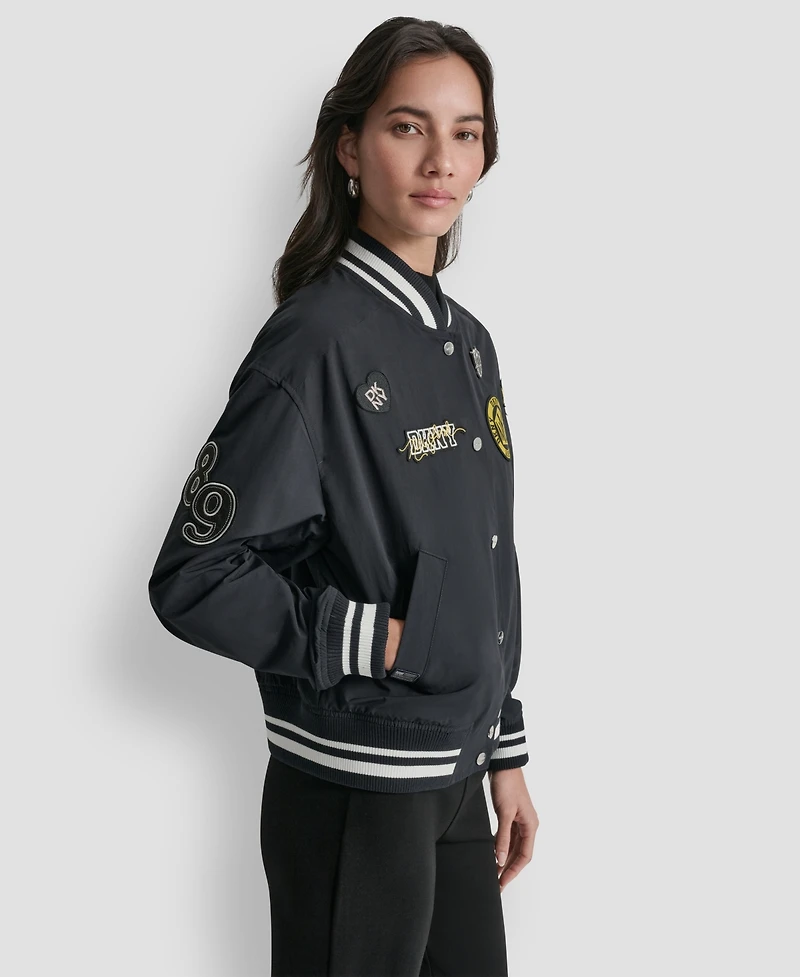 Dkny Women's 1989 Pins & Patches Snap-Front Varsity Jacket