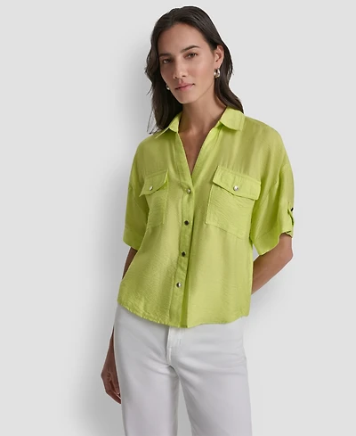 Dkny Women's Collared Neck Short Roll Tab Sleeve Shirt