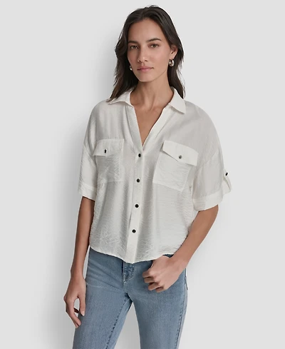 Dkny Women's Collared Neck Short Roll Tab Sleeve Shirt