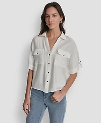 Dkny Women's Collared Neck Short Roll Tab Sleeve Shirt