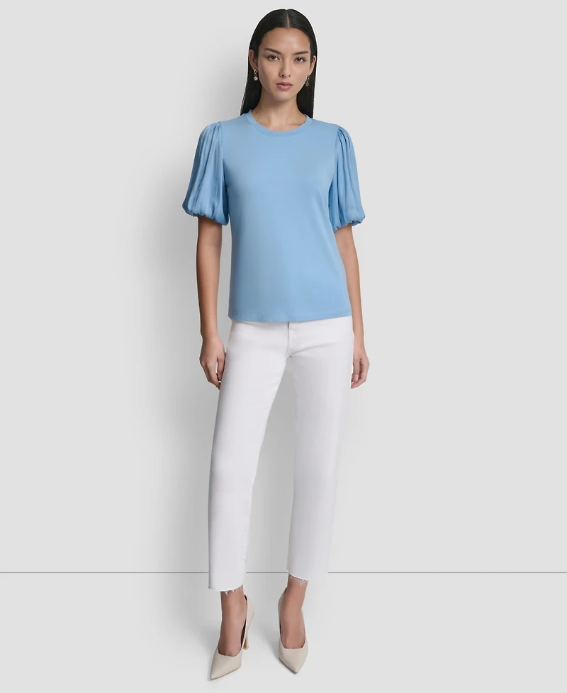 Dkny Women's Puffed Crewneck Mix Media Knit Top