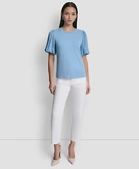 Dkny Women's Puffed Crewneck Mix Media Knit Top