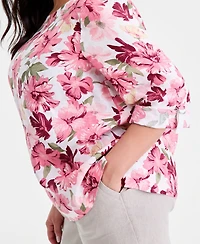 Charter Club Plus Linen Floral-Print 3/4-Sleeve Blouse, Macy's Exclusive
