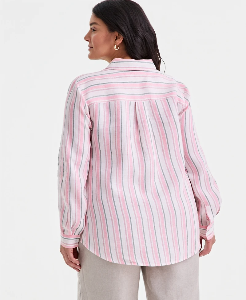 Charter Club Plus Linen Multi-Stripe Button-Front Shirt, Macy's Exclusive