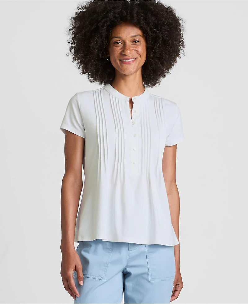 Lands' End Women's Petite Lightweight Jersey Button Pintuck Top