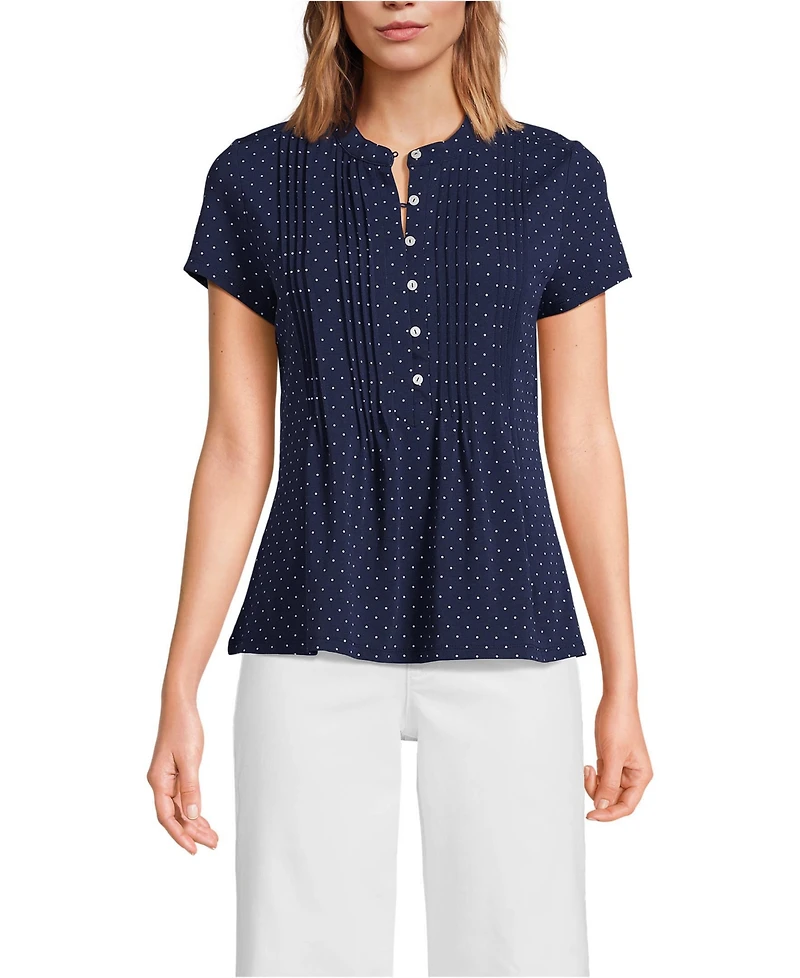 Lands' End Women's Petite Lightweight Jersey Button Pintuck Top
