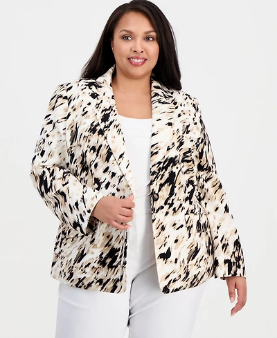 Kasper Plus Printed One-Button Long-Sleeve Jacket