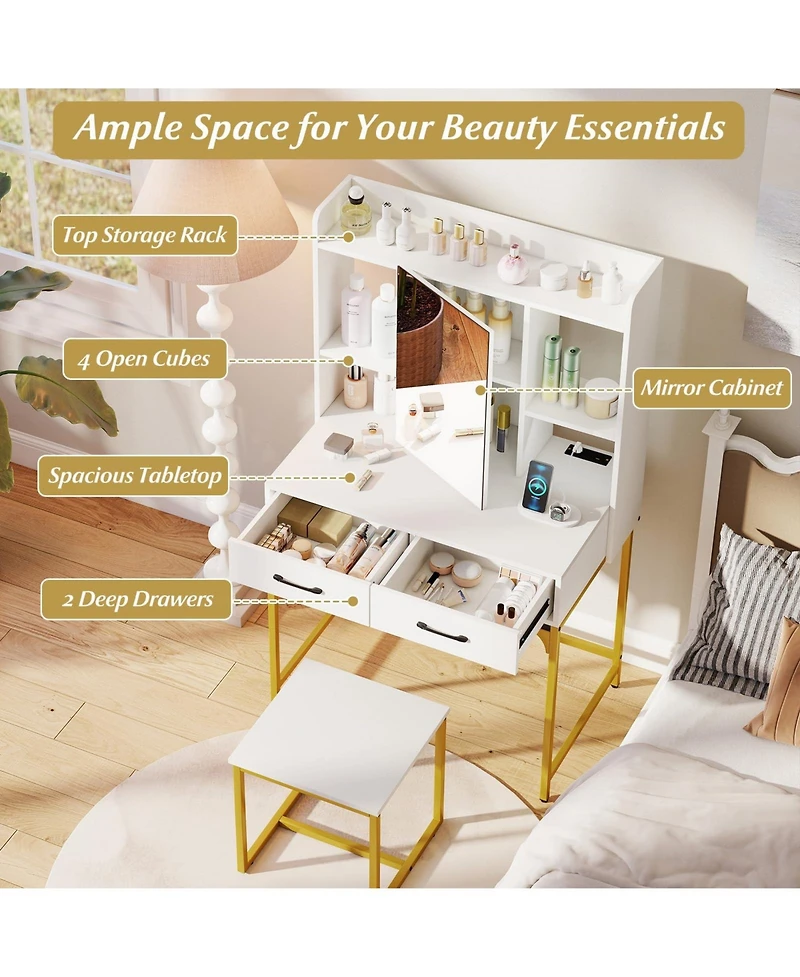 Volenca Vanity Desk with Storage Drawers and Charging Station, Makeup Dressing Table