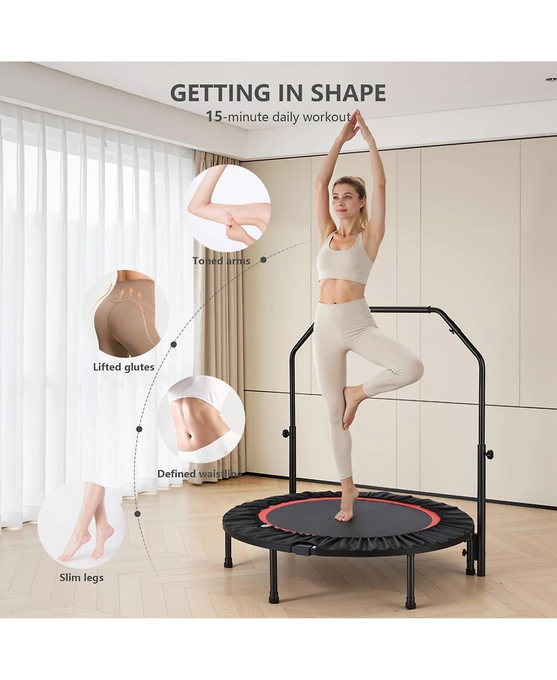 Sugift 40-Inch Fitness Trampoline for Adults with Adjustable Handle Bar and Resistance Bands for Indoor/Outdoor