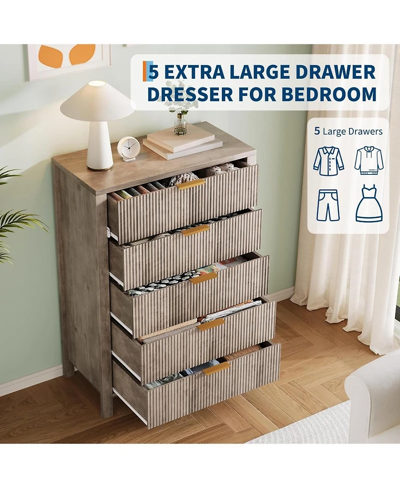 gaomon Fluted 5 Drawer Dresser, 45 Tall Slim Dresser for Small Spaces, Modern Farmhouse Wooden Chest of Drawers Bedroom Nursery Apartment, Easy