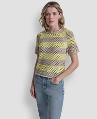 Dkny Jeans Women's Stripe Pointelle Cropped Pull-On Sweater