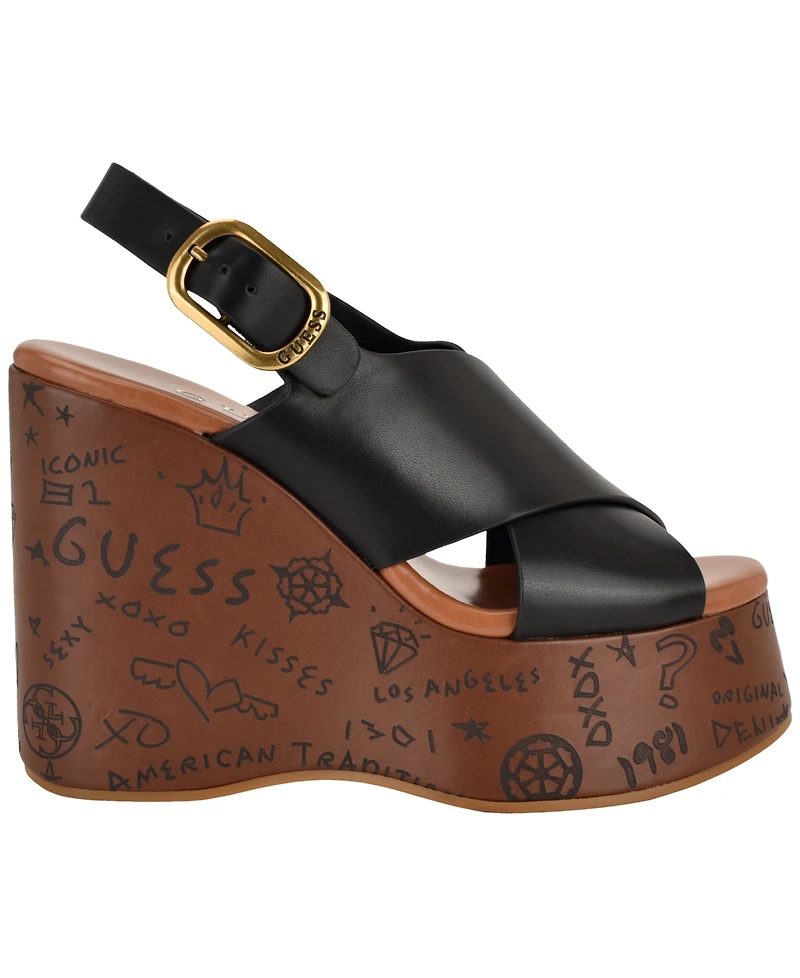 Guess Women's Yarisel Logo-Embossed Round Toe Wedge Sandals