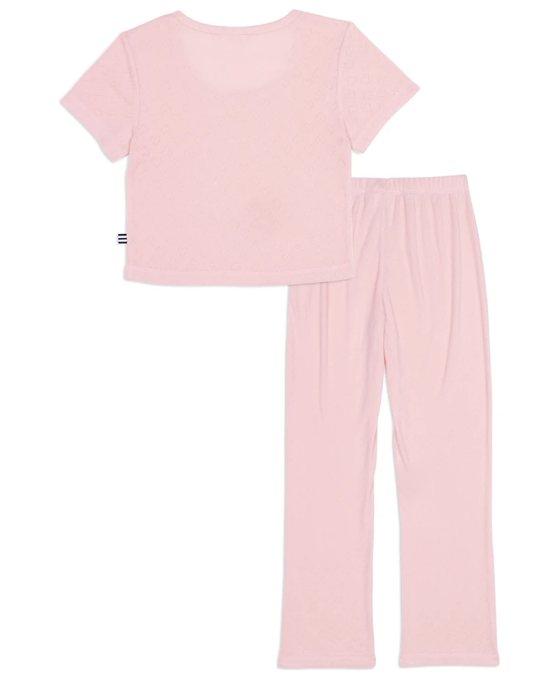 Splendid Girls' 6-16 Heart Pointelle Round Neck T-Shirt & Pants, 2-Piece Set