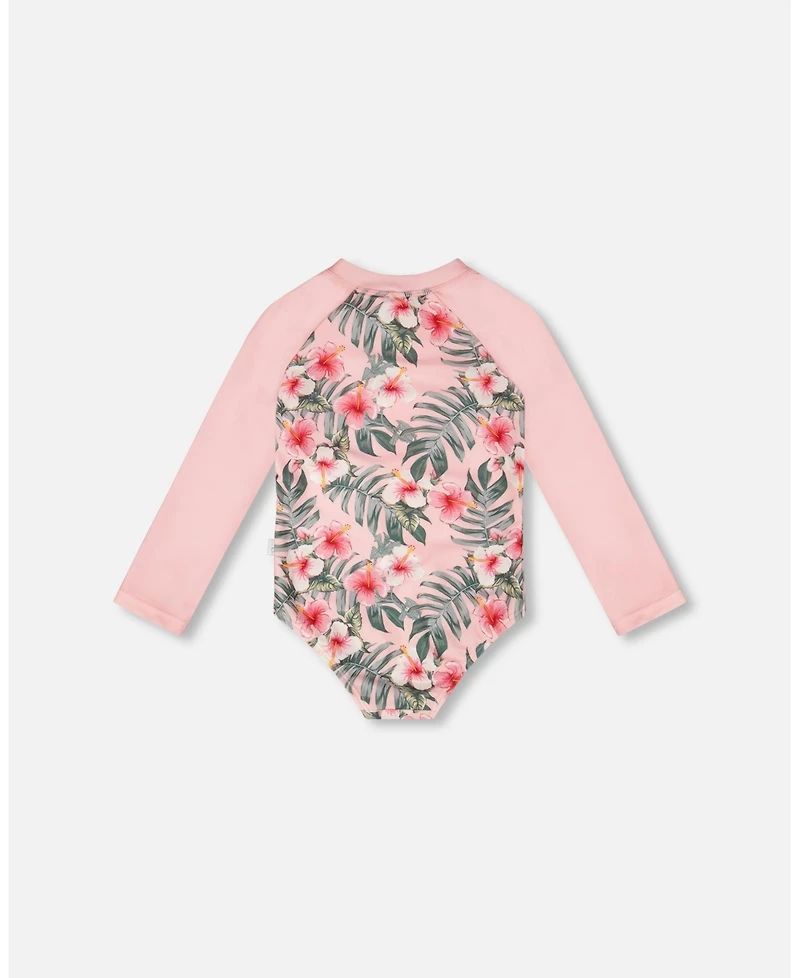 Deux par Girls One-Piece Long Sleeve Rashguard Pink Hibiscus Print