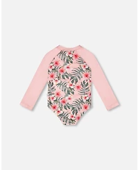 Deux par Girls One-Piece Long Sleeve Rashguard Pink Hibiscus Print