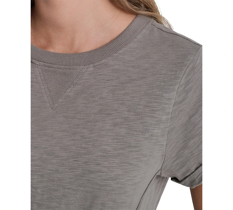 Dkny Sport Women's Embroidered Crewneck Logo Roll-Sleeve Top