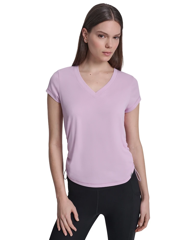 Dkny Sport Women's Ruched Side Seams V-Neck Tech T-Shirt