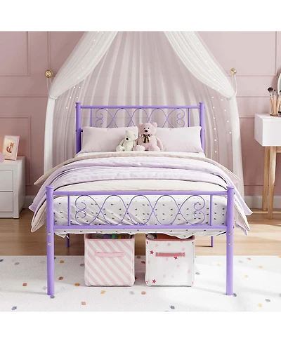 gaomon Twin Metal Platform Bed with Purple Heart Headboard and Footboard, Underbed Storage, Sturdy Frame