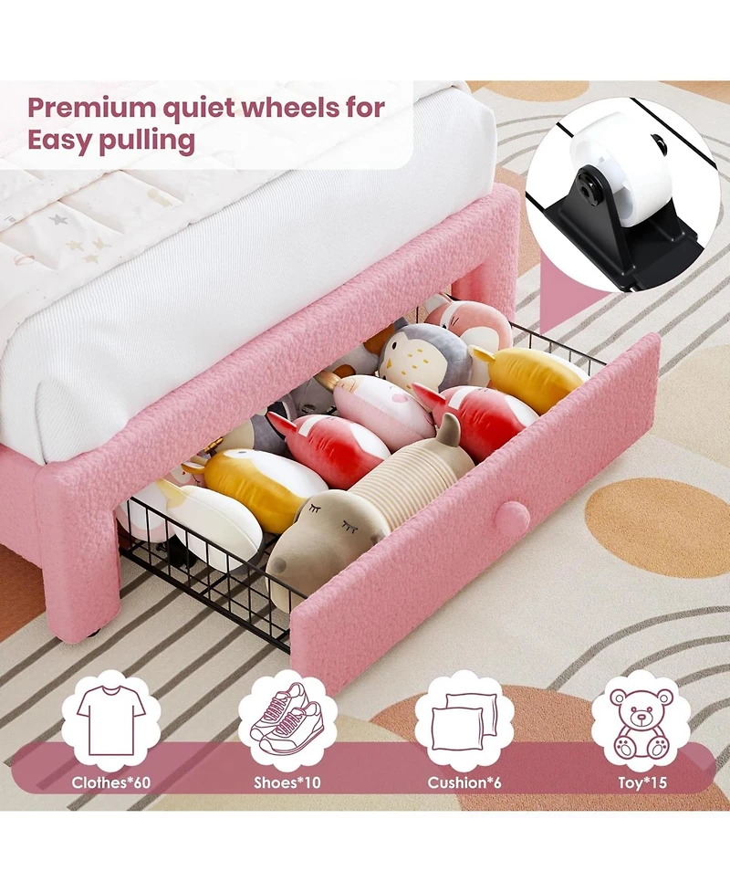 gaomon Twin Led Bed Frame with Storage Drawer, Rainbow Headboard, Fleece Princess Platform for Kids, Wood Slats, No Box Spring, Pink