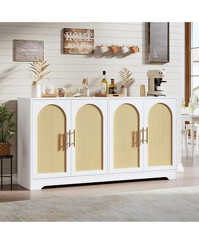 gaomon 59" Sideboard Buffet Cabinet with 4 Rattan Doors, Modern Credenza Coffee Bar for Living Room