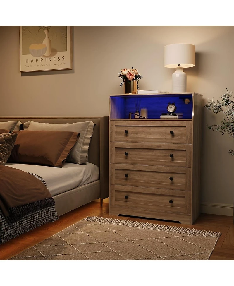 gaomon 4-Drawer Wooden Dresser with Led Lights & Charging Station