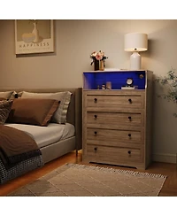 gaomon 4-Drawer Wooden Dresser with Led Lights & Charging Station