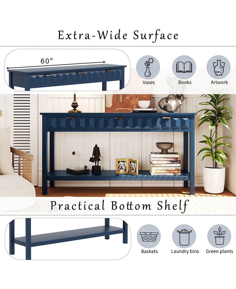 Boyel Living 60" Fir Veneer Entryway Table with Honeycomb-patterned Fronts, Console Table with 3 Drawers and Solid Fir legs