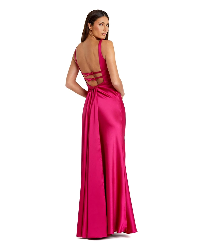 Mac Duggal Women's Sleeveless V Neck Satin Gown With Bow Details