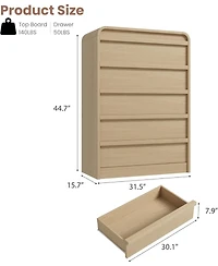 gaomon Arched 5 Drawer Dresser for Bedroom, 45in Tall Wooden 5 Chest of Drawers with Curved Profile Design, Modern Closet Storage Organizer