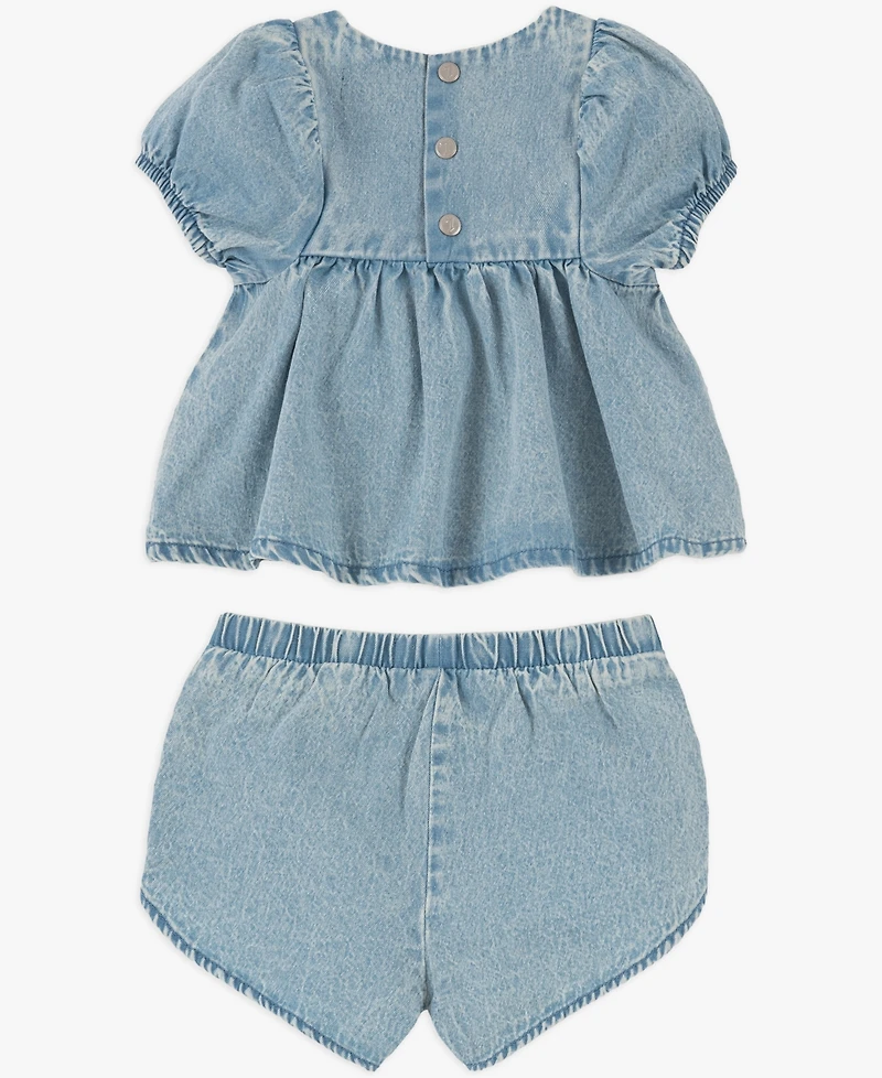 7 For All Mankind Baby Girls' Balloon Sleeve Top and Denim Shorts, 2-Piece Set