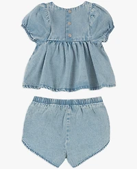7 For All Mankind Baby Girls' Balloon Sleeve Top and Denim Shorts, 2-Piece Set