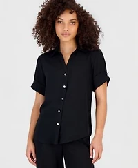 Anne Klein Essentials Petite Short Sleeve Button Front Shirt