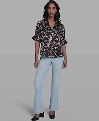 Karl Lagerfeld Paris Women's All-Over Printed Button Front Blouse