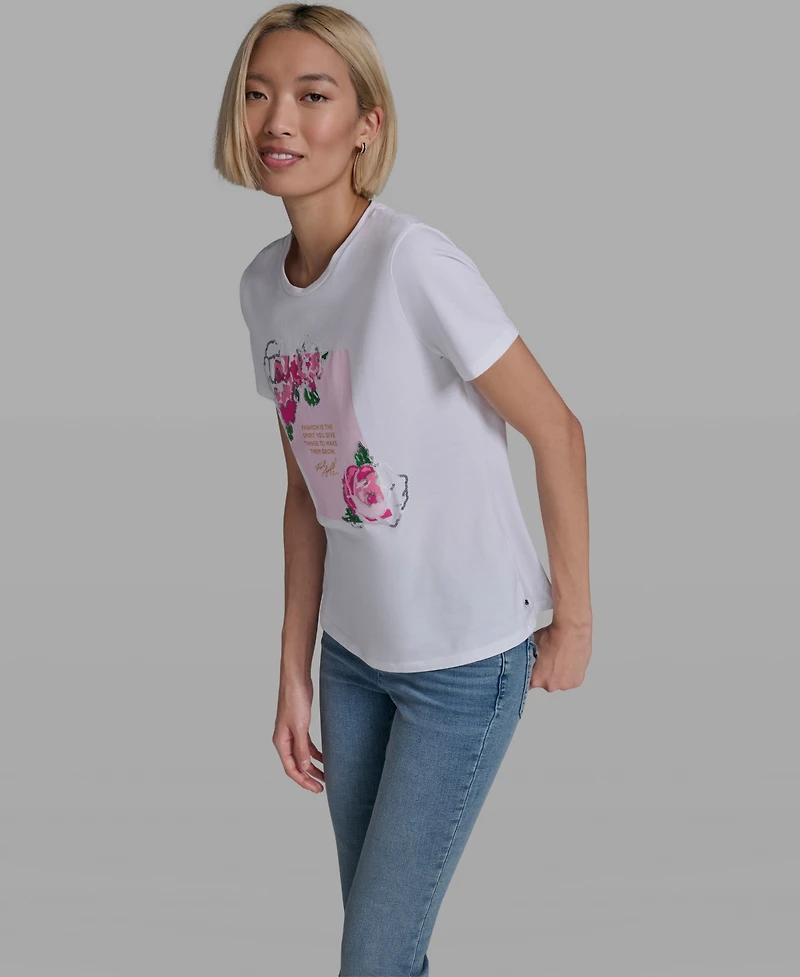 Karl Lagerfeld Paris Women's Rose Print Crew Neck T-Shirt